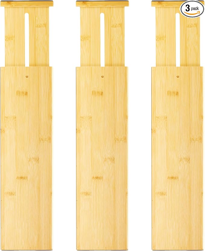 VaeFae 3 Pack Bamboo Drawer Dividers, 4" High Adjustable 16.6" - 21.8" Clothes Drawer Organizers, Expandable Separators for B