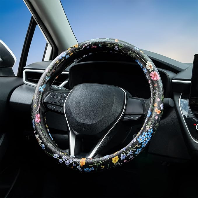 Multicolor Wildflower Steering Wheel Cover Auto Jacquard Steering Wheel Protector, Anti-Slip, Breathable, Absorbing Sweat, Un