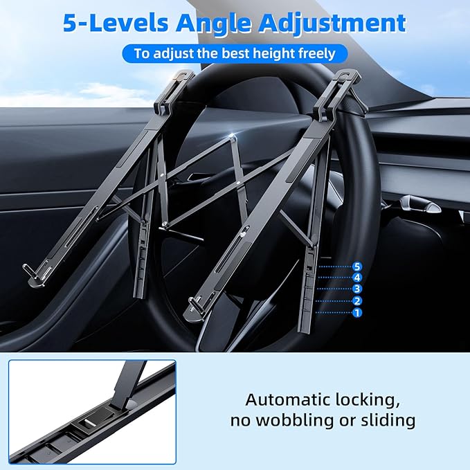 Angle Adjustable Car Steering Wheel Laptop Holder,Foldable Laptop Stand for car,Metal Car Laptop Riser | Car Reading Stand | Car Tablet Holder, Multipurpose Travel Car Accessories (Gray)