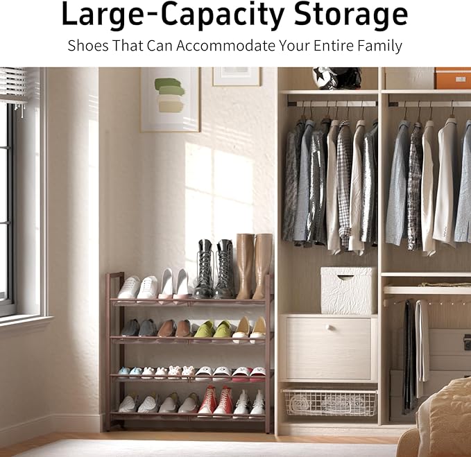 Metal Shoe Rack for Closet,entryway, 4-Tier Shoe Organizer, Adjustable Flat or Angled Shelves, Holds up to 20 Pairs Shoes