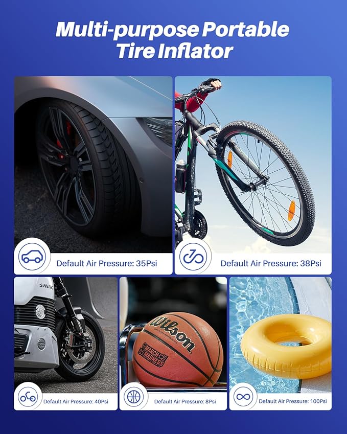 AUTOONE Tire Inflator Portable Air Compressor, 150PSI Air Pump for Car Tires with Tire Pressure Gauge, 3X Faster One Click Smart Cordless Tire Air Pump for Car, Motorcycle, Bike, Ball and More