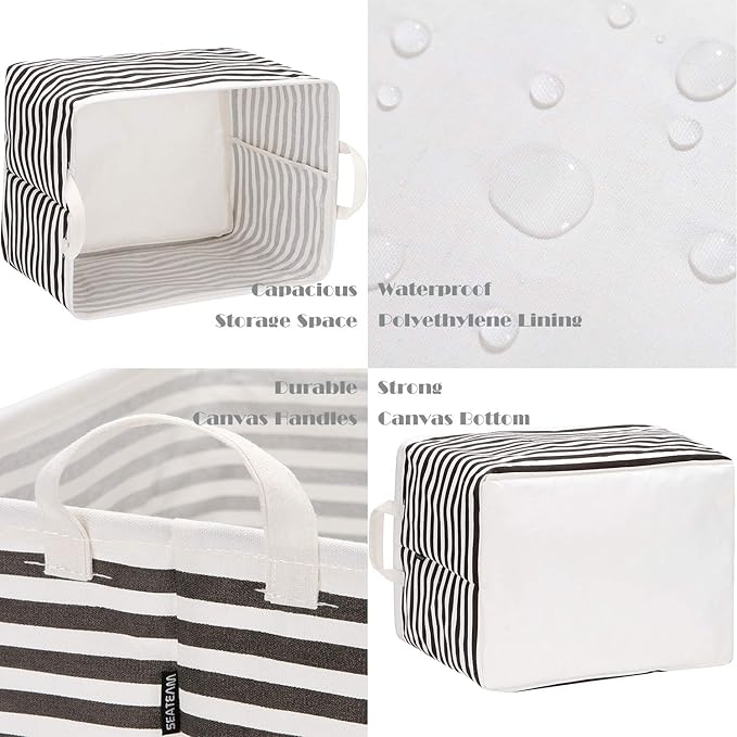 Sea Team 2-Pack Collapsible Canvas Fabric Storage Basket with Handles, Rectangle Waterproof Storage Bin, Box, Cube, Foldable 