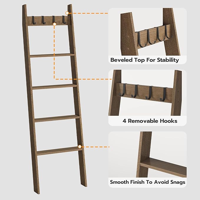 HOOBRO Blanket Ladder for Living Room and Bedroom, Standing Towel Rack, Decorative Ladder Shelf, Wall Leaning Farmhouse Blank
