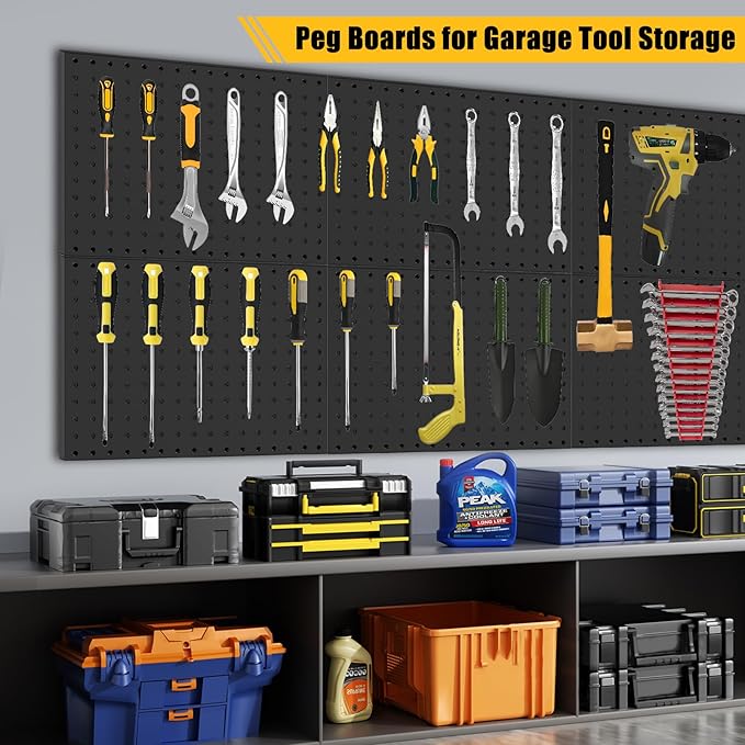 PBHEPJ 8 Pcs Metal Pegboard Panels, Heavy Duty Peg Boards for Garage and Garden Tool Storage, Includes Drywall Anchors and Sc