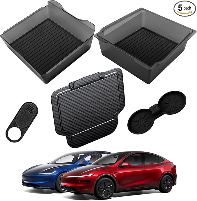 5 Pcs Center Console Organizer Tray for Tesla Model Y Juniper 2026 2025 and Model 3 Highland Refreshed 2025 2024 Refreshed Highland Accessories Set with Cup Holder and Armrest Drawer Organizer