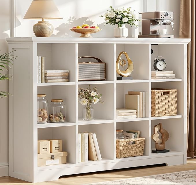 Aheaplus Wooden 12-Cube Storage Organizer with Charging Ports, Modern Cube Bookcase with Base, 4-Tier Floor Standing Open Cub