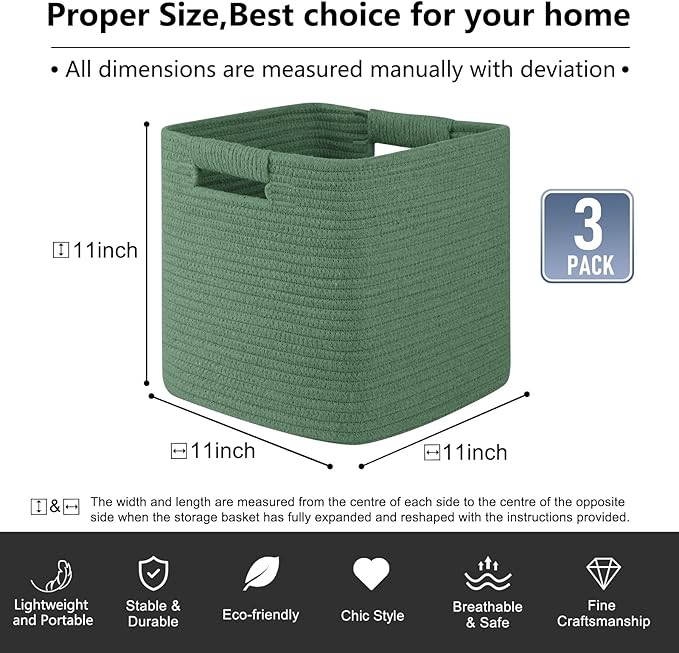 OIAHOMY Storage Cubes 11 Inch Storage Bins-3 Pack, Cotton Rope Woven Baskets for Organizing, Square Baskets for Shelves Organ