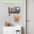 VIS'V Key Holder Wall Mount, Wooden Mail and Key Organizer with Drawer and Shelf, 2 Slots, 6 Hooks, Grey