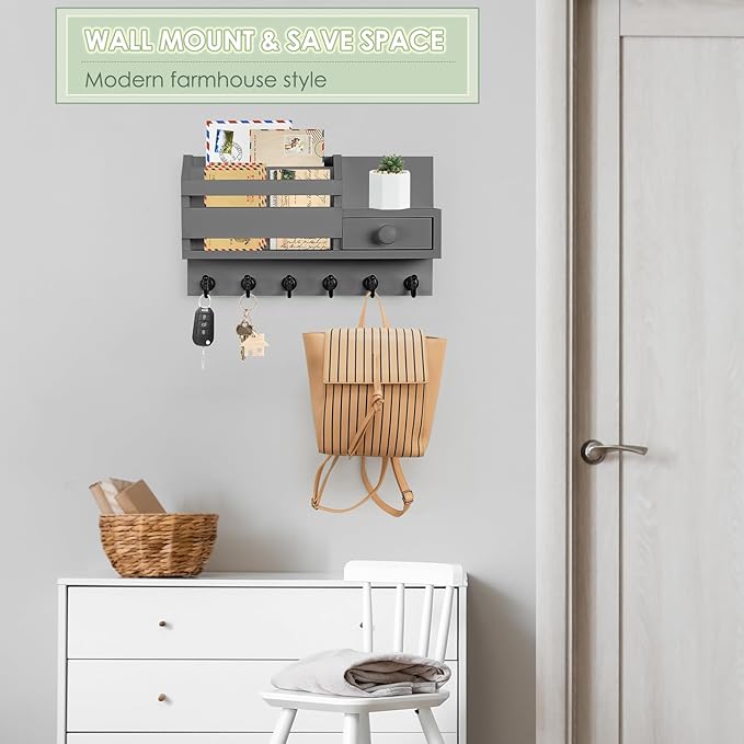 VIS'V Key Holder Wall Mount, Wooden Mail and Key Organizer with Drawer and Shelf, 2 Slots, 6 Hooks, Grey