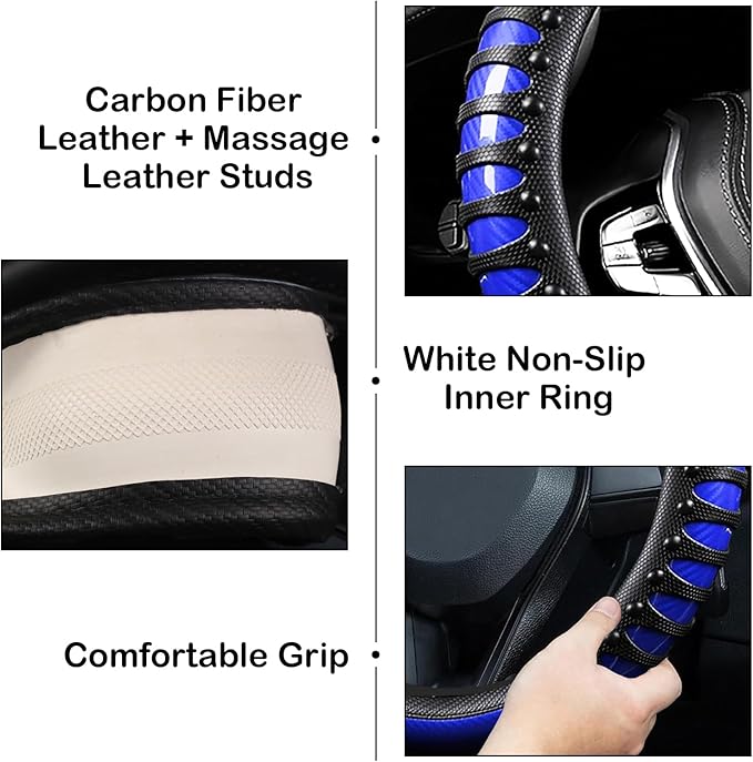3D Massage Blue Carbon Fiber Leather Steering Wheel Cover, 14.5-15 Inch Non-Slip Breathable Microfiber Car Steering Wheel Pro