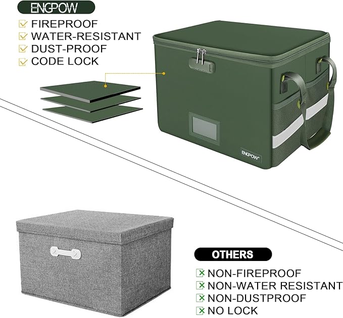 ENGPOW File Box with Lock, Fireproof Document Box with Pockets, Collapsible File Organizer Filing Storage Cabinet with Handle