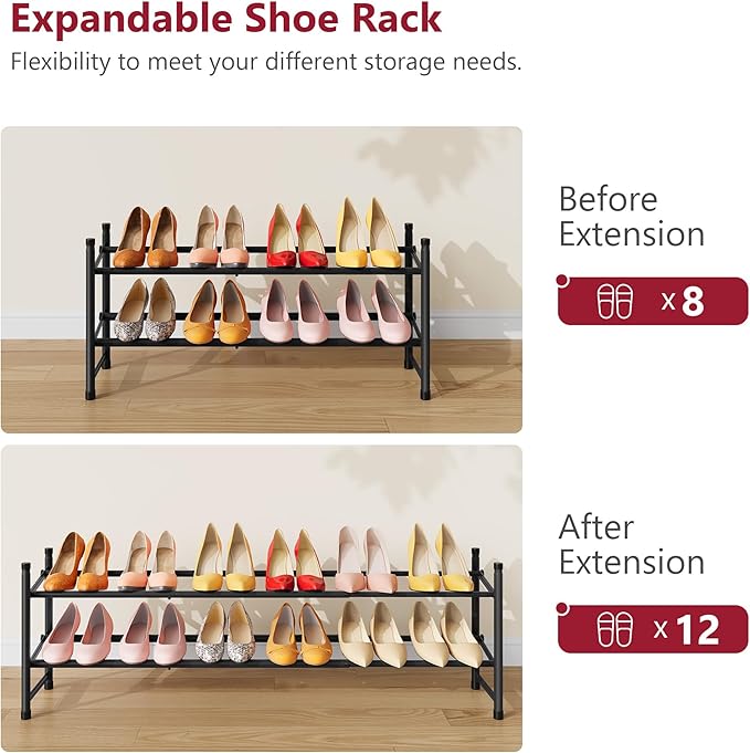 Tajsoon Expandable Shoe Rack for Closet 2 Tier, 28“-41“ Adjustable & Stackable Shoe Shelf Storage, Metal Shoe Rack Organizer 