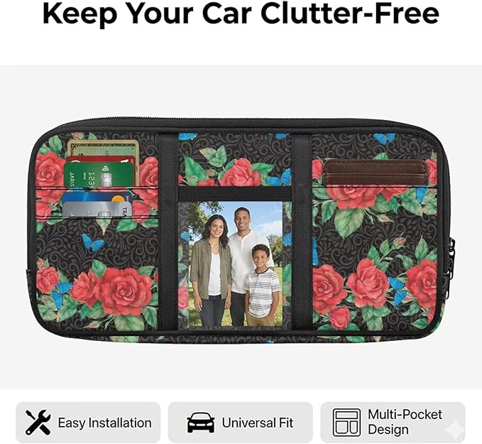 Car Sun Visor Storage Bag,Rose Tactical Car Visor Organizer with Zipper Adjustable Straps for SUV Truck Pickup Patrol Car Storage