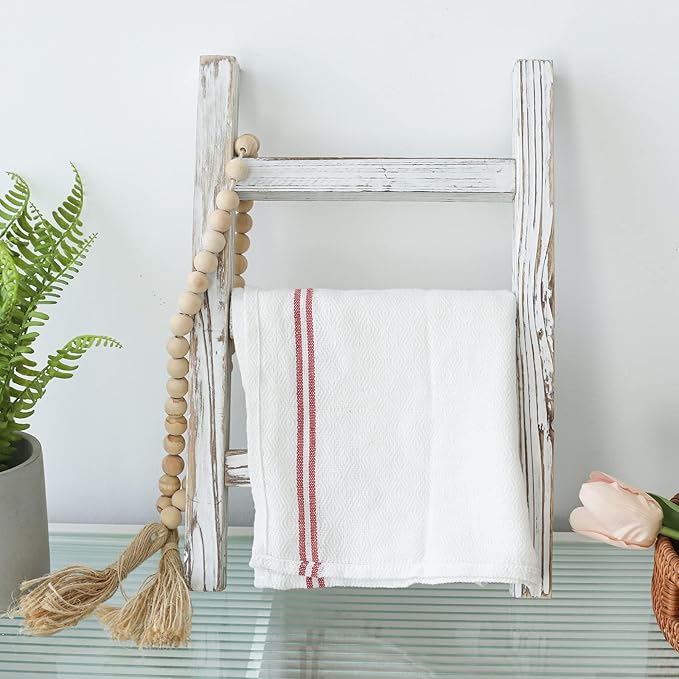 FUIN Wooden Tea Towel Ladder, Mini Ladder Towel Rack Display Hanger, Small Rustic Farmhouse Tea Towel Stand Holder for Countr