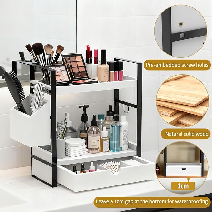 2-Tired Bathroom Counter Organizers and Storage, Bathroom Countertop Organizer with Drawer, Solid Wood Skincare Perfume Organ