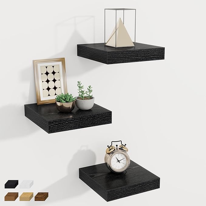 Fun Memories Small Floating Shelves for Wall - 8 Inch Square Wall Shelves with Invisible Brackets, Black Shelves for Bathroom