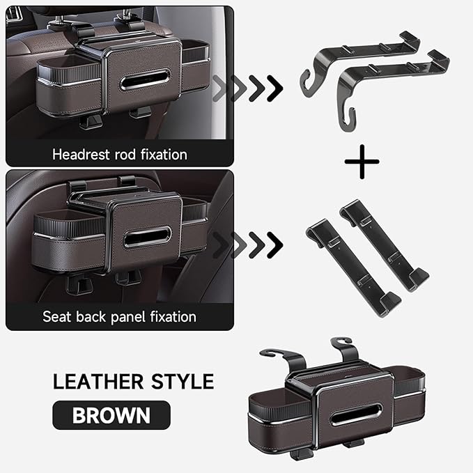 Multifunctional Car Headrest Backseat Organizer Box with Drink Cup Holder, Makeup Mirror, Tissue Box & Hooks for Car Seat Back, Upgrade Car Headrest Backseat Organizer Great for Kids and Travel(Brown)