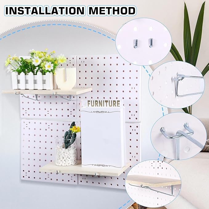 Blulu 4 Set Large Pegboard Shelf Kit Fiberboard peg Board Shelving Storage Brackets Stain Resistant Peg Board Organizer Shelv