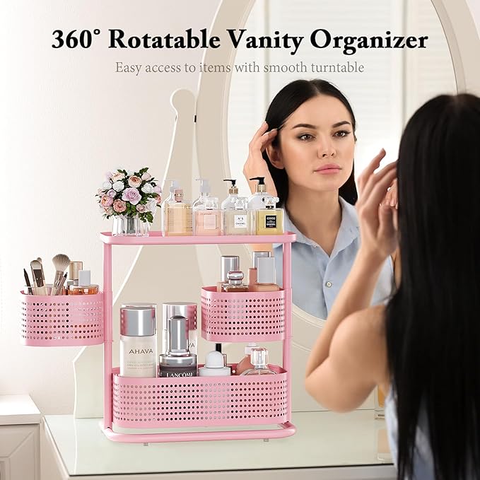 KINGRACK 3 Tier Pink Bathroom Counter Organizer, Rotating Makeup Organizer for Vanity, Perfume & Skincare Standing Shelf, Van