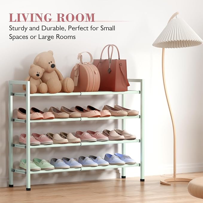 Bumusty 4-Tier Expandable Shoe Rack for Closet, 18“-33” Adjustable Shoe Rack for Small Space, Small Shoe Organizer for Front 