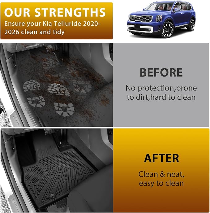 Powerty Floor Mats for 2020-2025 Kia Telluride 7/8 Passenger Car Mats Accessories, All Weather TPE Custom 2-in-1 Cargo Liner Seat Back Covers Protectors Replacement (Floor Mat + 2-in-1 Trunk Mat)