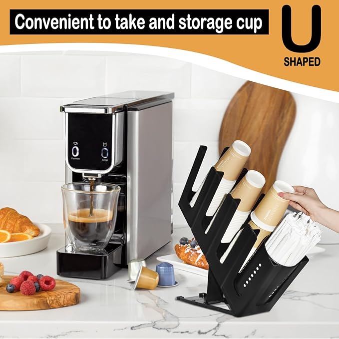 Cup Holder Lid Dispenser with Straw Organizer,4 Compartment 7 Adjusting,Disposable Paper Cup Storage Organizer for Breakroom 