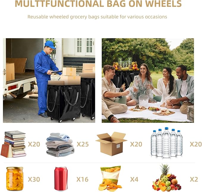 (Medium, Black) Reusable Grocery Bag on 4 Wheels, Foldable Rolling Tote Carries Up to 66lb Shopping Trolley, Rolling Bag with 3 Handles, Zipper Clouser Rolling Tote Bag with Wheels for Laundry