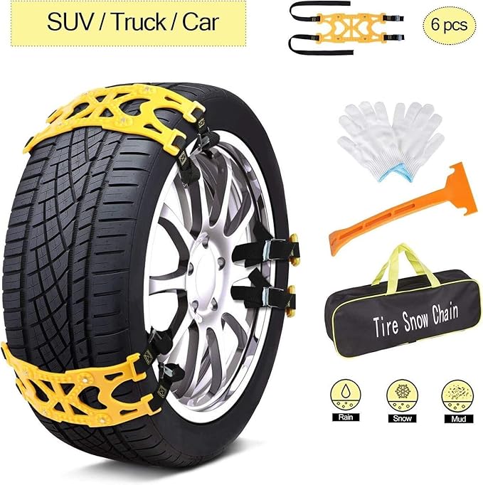 Jeremywell 6 PCS Car Snow Chains for TWO TIRES Emergency Anti Slip for Most Cars/SUV/Trucks, Winter Universal Security Chains