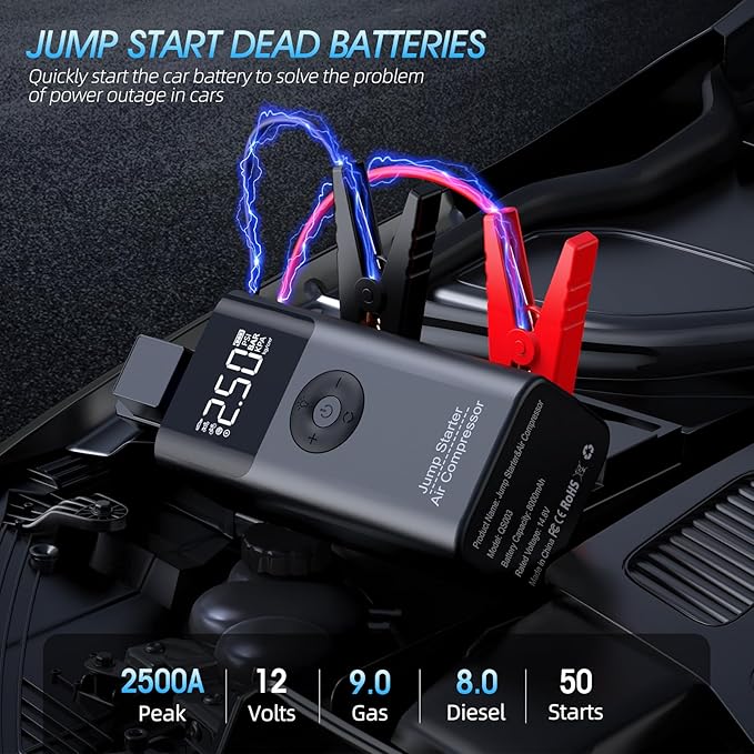 Jump Starter with Air Compressor LERTIN 2500A 150PSI Portable Car Battery Jump Starter Pack 12V Jump Box with USB Fast
