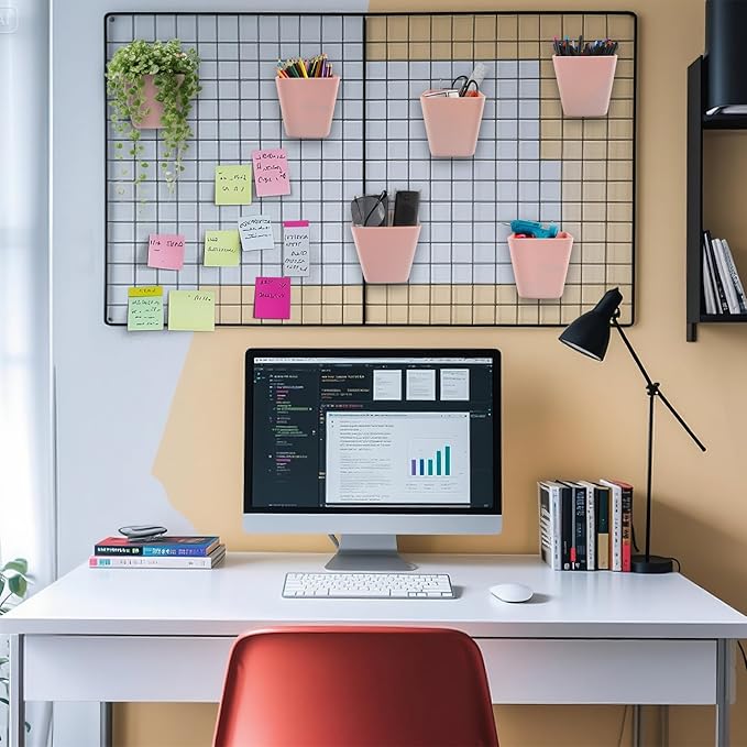 G.CORE Large Grid Wall Bins - 6Pack Pink Gridwall Accessories Hanging Cups with Back Hooks - Plastic Grid Wall Panels Organiz