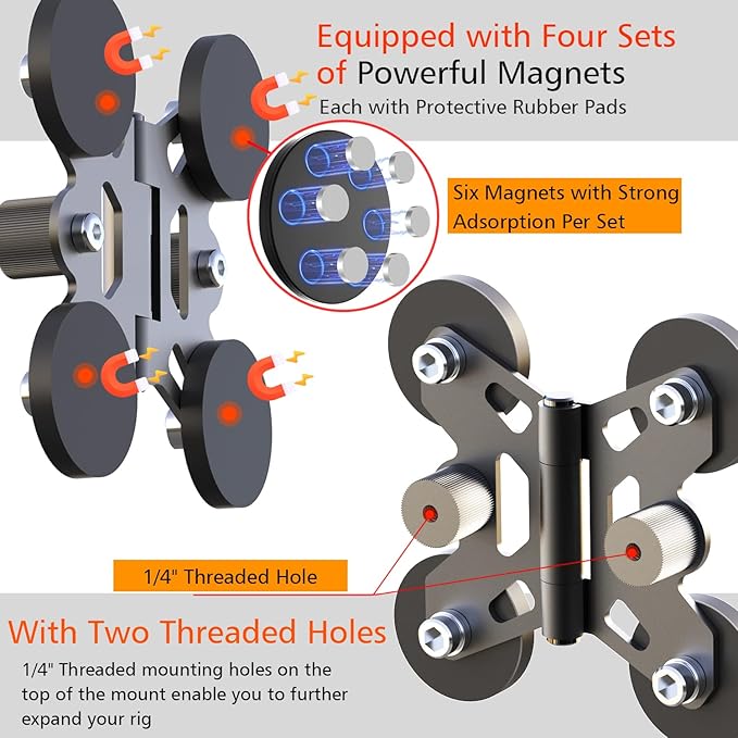 Magnetic Phone Fence Mount for iPhone, PostMount for Mevo Start, GoPro with Two 1/4" Mount Points Flexible Hinge Camera Magnet Holder for Recording Baseball,Softball and Tennis Game