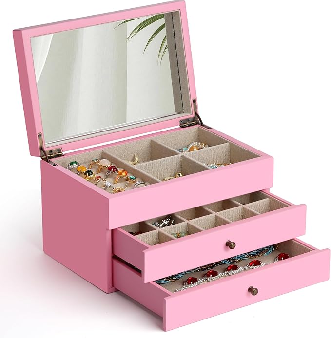 Meangood Jewelry Box Organizer for Women, 3 Layer Large Jewelry Storage Case, Rustic Wooden Jewelry Box with Mirror & Ring Tr