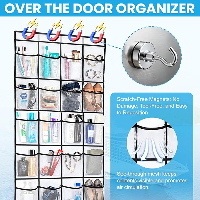 Cruise Essentials 2026 Over The Door Organizer For Cruise Ship 24 Pocket Magnetic Door Organizers with 4 Metal Hooks and 4 St
