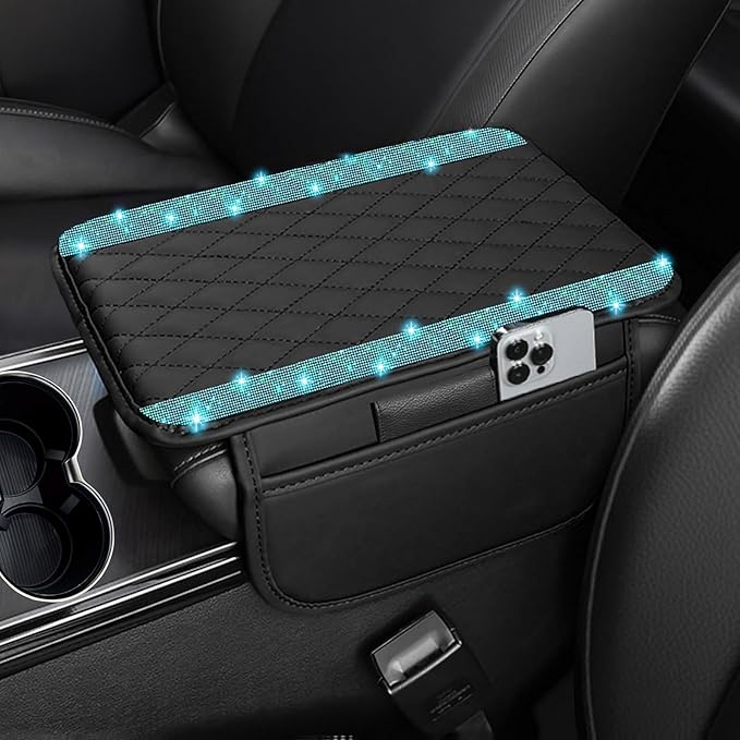 NBTEPEM Bling Car Center Console Cover, Leather Car Arm Rest Cover Cushion with 2 Storage Bags, Universal Auto Armrest Protector Storage Box, Bling Accessories Interior for Most Vehicles (Aquamarine)