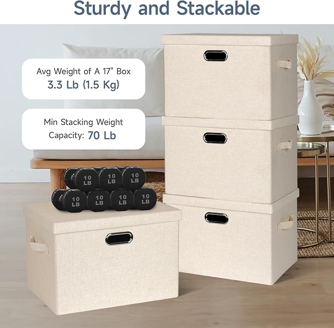 Graciadeco Large 17" 36 Quart Collapsible Stackable Storage Bins with Lids, 3 Packs Light Orange Linen Fabric Closet Boxes wi