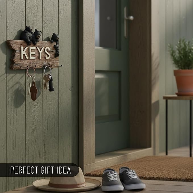 Pine Ridge Bear Key Holder - Decorative Key Hanger for Wall, Black Bear Rustic Key Hooks Organizer for Cabin