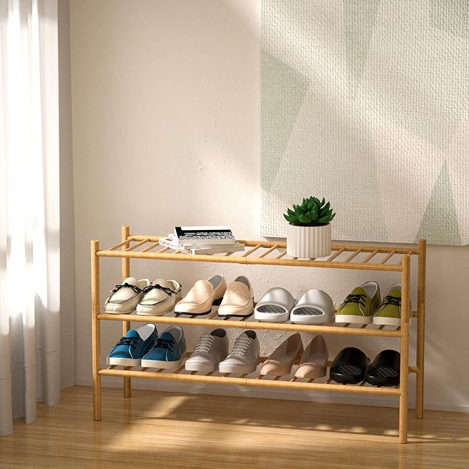 ROMGUAR CRAFT 3-Tier Bamboo Long Shoe Rack, Free Standing Wood Shoe Shelf Storage Organizer for Closet Entryway Stackable 35"
