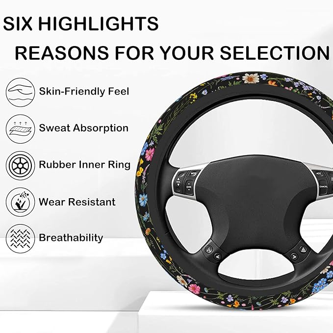 Wildflower Steering Wheel Cover, Flower Car Accessory for Diverse Cars, Steering Wheel Cover Non-Slip Breathable Fabric Absor