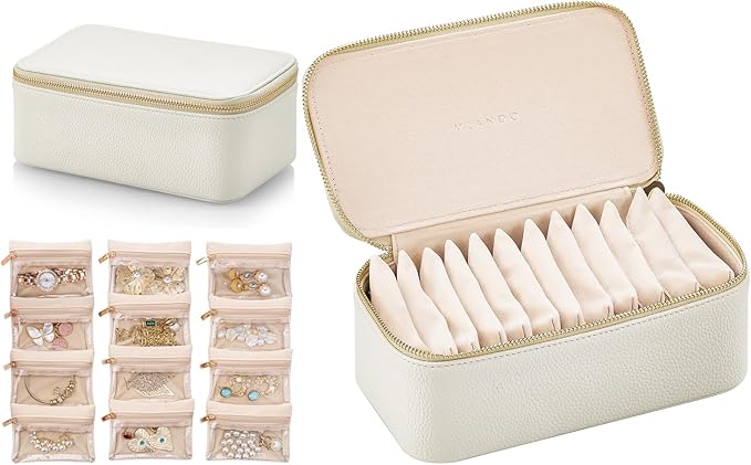 VLANDO Travel Jewelry Box Organizer – Portable PU Leather Jewelry Case with 6/8/12 Zippered Pouches, Compact Storage for Earr
