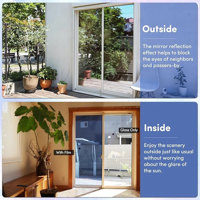 Coavas One Way Privacy Window Film, Sun Blocking Reflective Window Film See Out Not in, Heat Control Window Tint for Home, Anti UV Static Cling for Windows Glass Door (Blue, 23.6 x 118 inches)