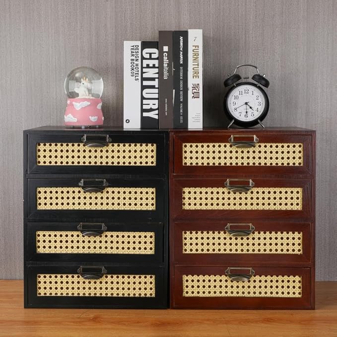 Large Wooden Drawer BoHo Desk Organizers Wooden Storage Dox with Drawers Rattan Paper Storage Drawer Wood File Organizer Libr