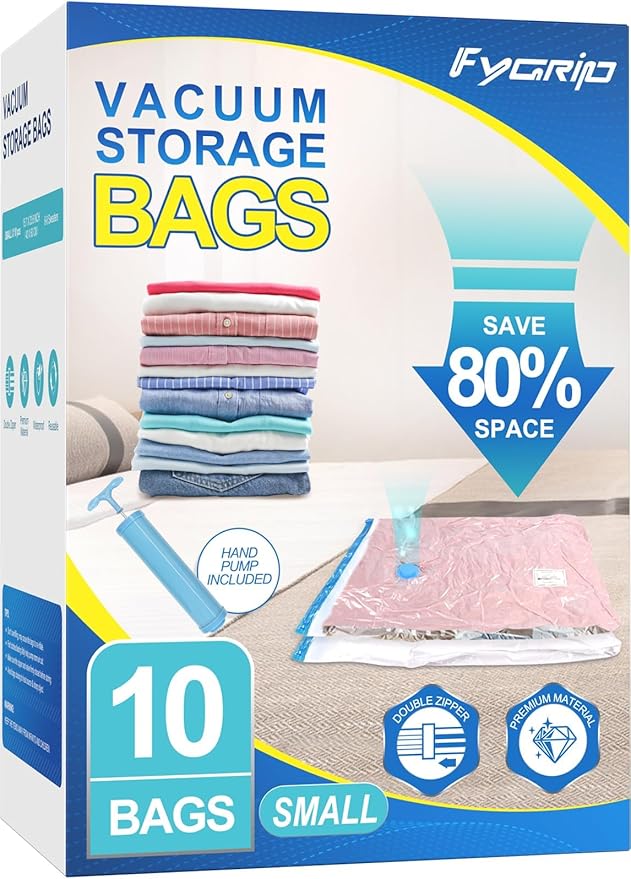 Fygrip Vacuum Storage Bags with Hand Pump, Plastic Packaging Bags, 80% Space Saver Vacuum Seal Bags for Clothing, Travel Lugg