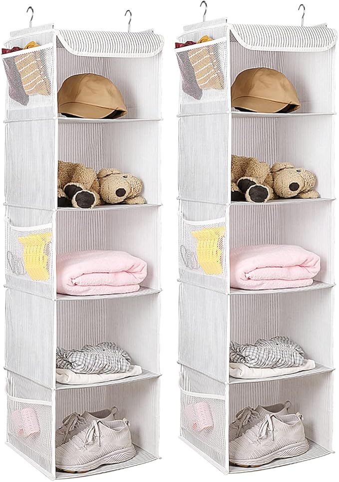 BrilliantJo 5 Shelves Hanging Closet Organizer, 2 Pack Hanging Storage with 6 Side Pockets for Clothes Shoes, 43"x12"x12"(Str