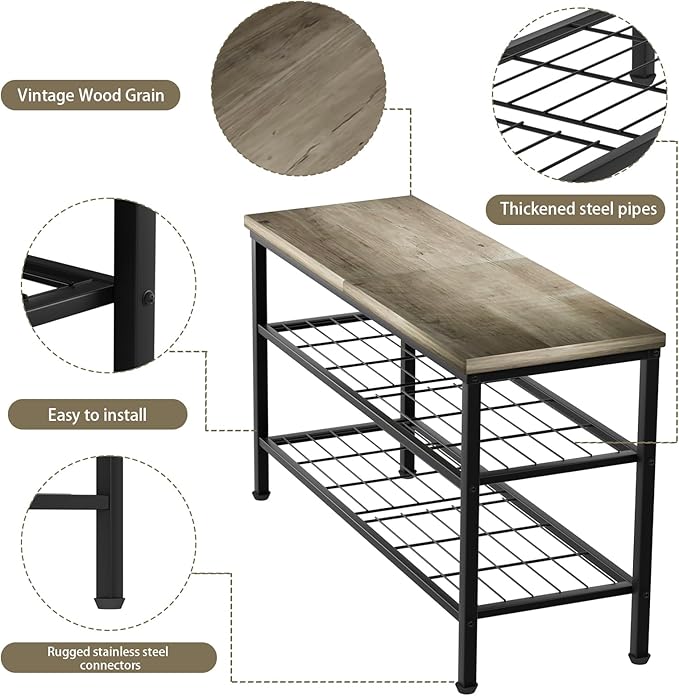3-Tier Metal Shoe Rack with Wood Top - Durable & Space-Saving Shoe Organizer,Industrial Shoe Organizer Shelf Bench Storagefor