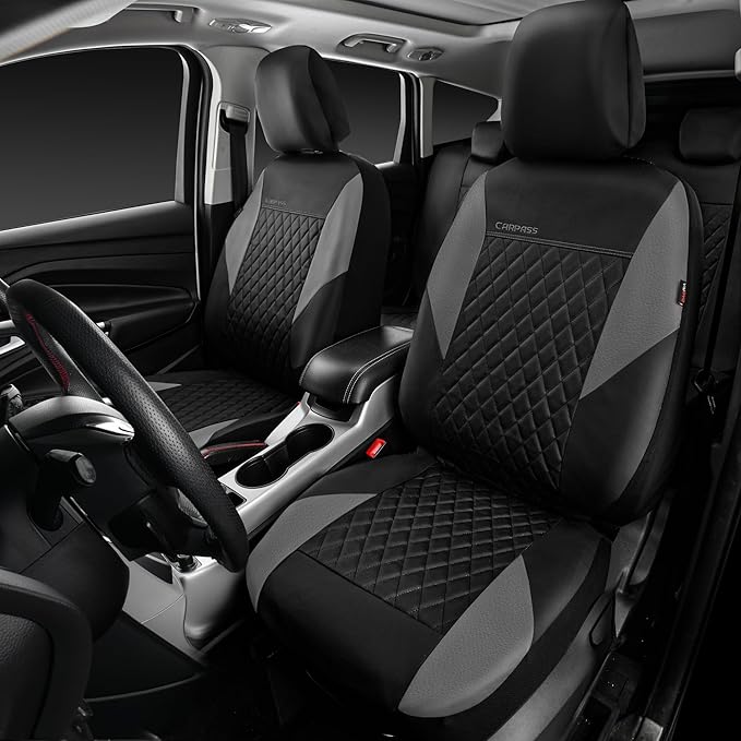 CAR PASS Quilting Leather Seat Covers Full Set,Universal Waterproof Deluxe PU Premium Car Seat Cover with 5mm Composite Spong