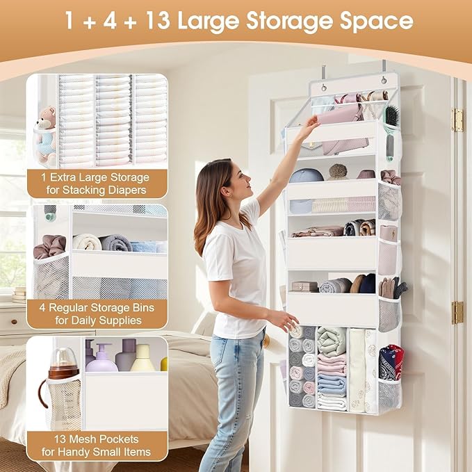WISELIFE 5-Tier Over the Door Organizer for Hanging - 50LB Heavy-Duty Back of Door Organizer with 5 Spacious Pockets & 13 Mes