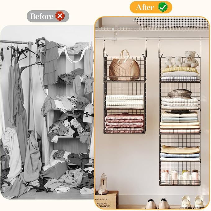 Yuyetuyo 5 Tier Closet Hanging Organizer and Storage Separable Hanging Closet Shelves with 4 Hooks 2 Adjustable Dividers, Wir