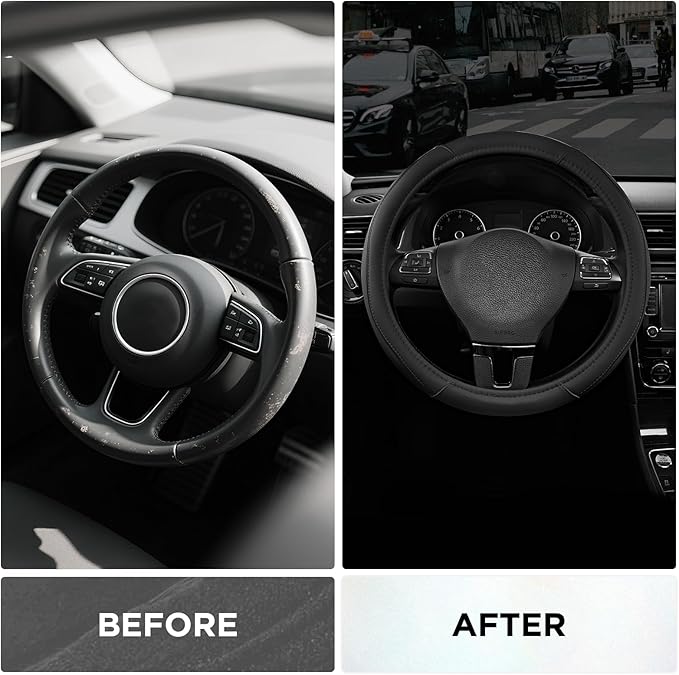 Road Comforts Leather Steering Wheel Cover with Decorative Trim and Piping, Anti-Slip Breathable Design, Fits 14.5–15 Inch Ro