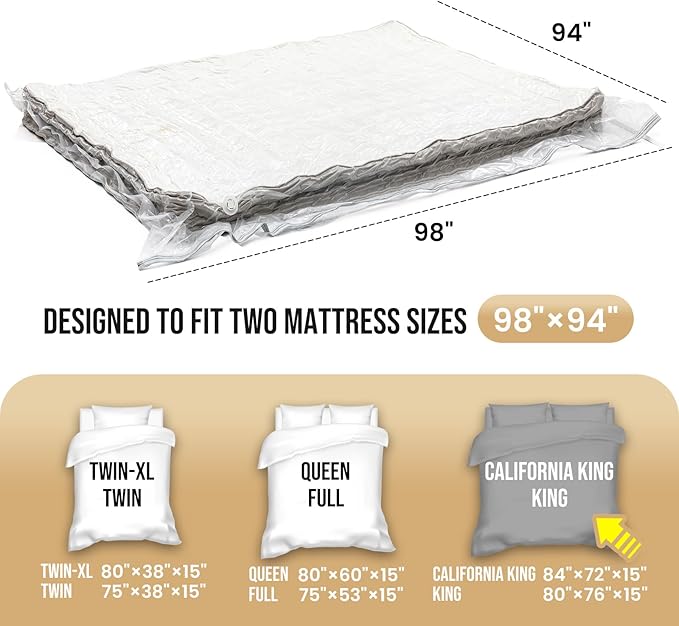 TAILI Mattress Vacuum Bag, King/Califonia King Mattress Vacuum Storage Bag with 4 Straps, Sealable Bag for Memory Foam, Latex