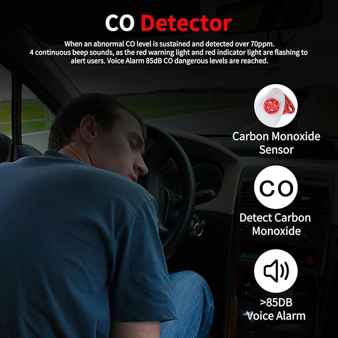 6-in-1 Multifunctional Emergency Tool, Flashlight with CO Detector, Window Breaker, Seat Belt Cutter, Red/White LED Warning L